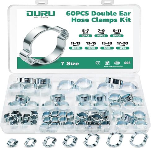 110PCS Double Ear Hose Clamps Kit with Standard Jaw Pincer, 9 Sizes 5-25mm Galvanized Steel Crimp Rings for Hoses, Tubes, and Pipelines in Kuwait