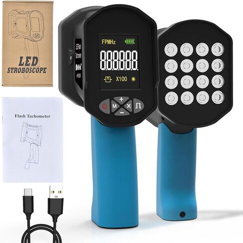 JOSBY LED مصطربة محمولة، 60-100000 دورة في الدقيقة مصطربة رقمية غير متصلة، مقياس سرعة الدوران فلاش LED، مع 16 خرزة مصباح LED قابلة للتعديل، شحن USB، للمروحة، محرك محرك HVAC، الإطارات، اختبار السرعة in Kuwait