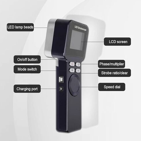 ستروبوسكوب LED محمول 200-999999 دورة في الدقيقة، محلل سرعة محرك غير ملامس، مقياس سرعة الدوران اصطرابي LED، إضاءة 1500 لوكس، دقة 0.001%، مع 9 خرزات LED، للتروس والإطارات للقياس in Kuwait