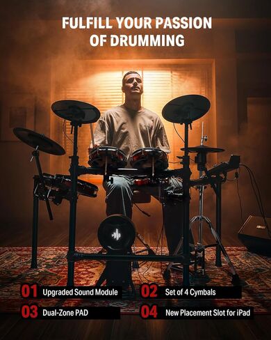 Donner Electric Drum Set DED-300 Pro, Electronic Drum Kit Adult, Professional Full Size 6-Drum & 3-Cymbal Setup, 12'' Single-Zone Hi-hat with Stand, 1100+ Professional Tones, Gifts for Men Him Teens in Saudi Arabia