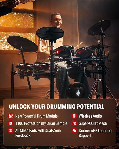 Donner Electric Drum Set DED-300 Pro, Electronic Drum Kit Adult, Professional Full Size 6-Drum & 3-Cymbal Setup, 12'' Single-Zone Hi-hat with Stand, 1100+ Professional Tones, Gifts for Men Him Teens in Saudi Arabia