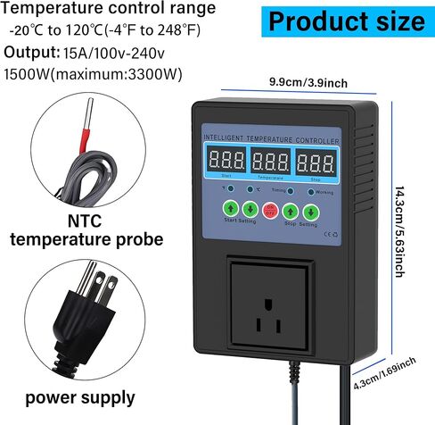 TempMaster Digital Temperature Controller Outlet,Heating & Cooling Thermostat with Dual Relay 15A 3300W,-20~120℉ Incubator Thermostat with Waterproof Probe,Temperature Control Switch for Reptile Tank in Kuwait