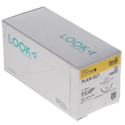 Look 594B Plain Gut Absorbable Reverse Cutting Sutures C31 1/2 Circle 3-0 18 12/Bx in Saudi Arabia