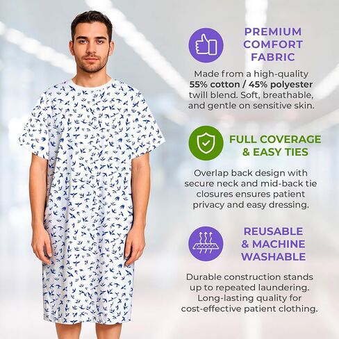AMZ Medical Supply Cotton Patient Gown with Neck and Waist Ties. Hospital Patient Gowns. Washable Hospital Gowns for Patients in Saudi Arabia
