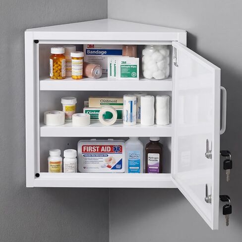 Zonon Locking Medication Cabinet with Document Pocket, Metal Wall Mounted Medication Cabinet with Dual Keys and Lock(White,7.5 x 16.7 x 15.3 Inch,Corner) in Saudi Arabia