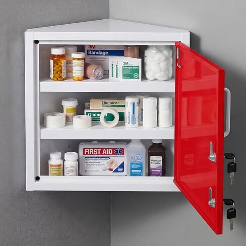 Zonon Locking Medication Cabinet with Document Pocket, Metal Wall Mounted Medication Cabinet with Dual Keys and Lock(White,7.5 x 16.7 x 15.3 Inch,Corner) in Saudi Arabia