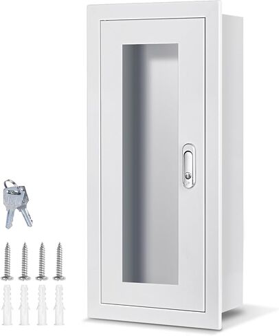 Semi Recessed Fire Extinguisher Cabinet for 5-12 pounds Extinguisher, White Baked Enamel Steel Fire Extinguisher Mount with Lock for Indoor Outdoor, Wall Cabinet with Full Clear Acrylic Door in Kuwait