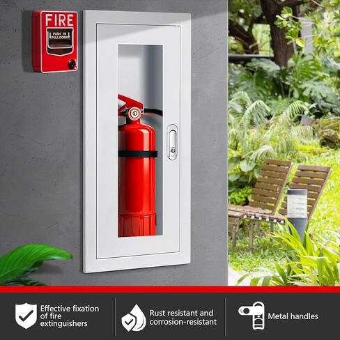 Semi Recessed Fire Extinguisher Cabinet for 5-12 pounds Extinguisher, White Baked Enamel Steel Fire Extinguisher Mount with Lock for Indoor Outdoor, Wall Cabinet with Full Clear Acrylic Door in Kuwait