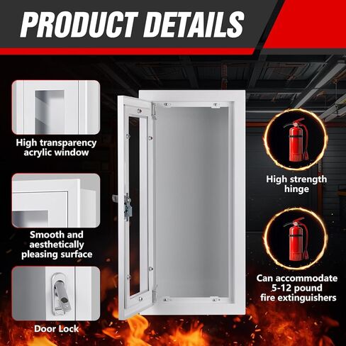 Semi Recessed Fire Extinguisher Cabinet for 5-12 pounds Extinguisher, White Baked Enamel Steel Fire Extinguisher Mount with Lock for Indoor Outdoor, Wall Cabinet with Full Clear Acrylic Door in Kuwait