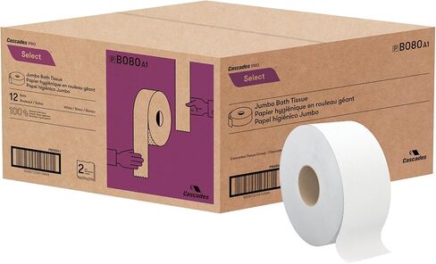 Cascades PRO Select Jumbo Bath Tissue – 2-Ply Toilet Paper – Fits Universal Jumbo Roll Dispensers – Soft, Durable, and Septic Safe – 500' Length/Roll, 12 Rolls/Box – B080 – White in Kuwait