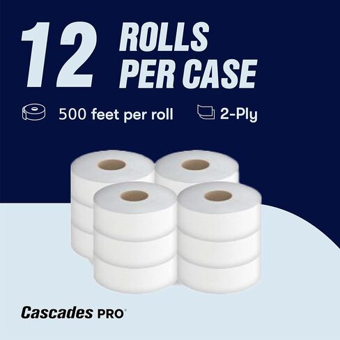 Cascades PRO Select Jumbo Bath Tissue – 2-Ply Toilet Paper – Fits Universal Jumbo Roll Dispensers – Soft, Durable, and Septic Safe – 500' Length/Roll, 12 Rolls/Box – B080 – White in Kuwait