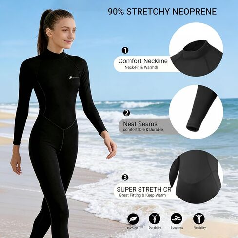 بدلة غطس للنساء لكامل الجسم 2 مم من النيوبرين بدلة غوص في الماء البارد، أكمام طويلة بسحاب خلفي، قطعة واحدة بدلة سباحة حرارية لركوب الأمواج والغطس والتجديف والسباحة والتجديف in Kuwait