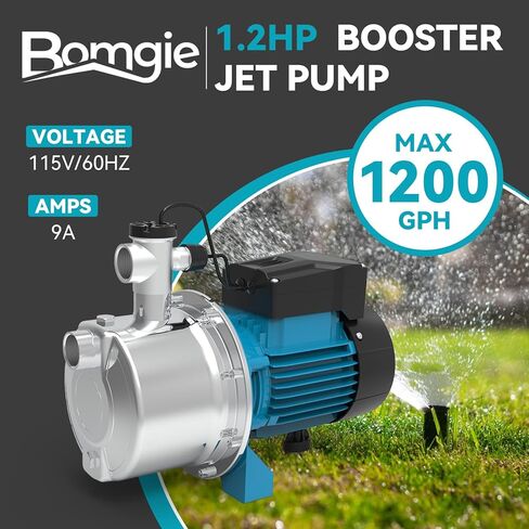 مضخة نفاثة معززة للتحكم الذكي بقوة 1.2 حصان، مضخة بئر ضحلة من الفولاذ المقاوم للصدأ بقوة 1200 جالون في الساعة 115 فولت مع تشغيل/إيقاف تلقائي للمنزل والحديقة وري المزرعة وأنظمة الرش، وضغط المياه المعزز in Kuwait