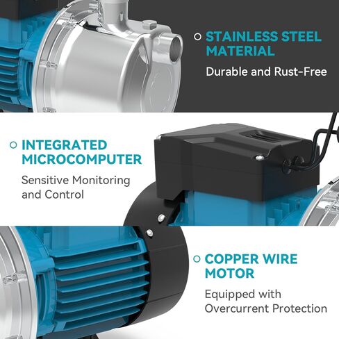 مضخة نفاثة معززة للتحكم الذكي بقوة 1.2 حصان، مضخة بئر ضحلة من الفولاذ المقاوم للصدأ بقوة 1200 جالون في الساعة 115 فولت مع تشغيل/إيقاف تلقائي للمنزل والحديقة وري المزرعة وأنظمة الرش، وضغط المياه المعزز in Kuwait
