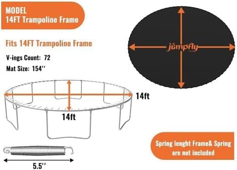 حصيرة الترامبولين البديلة من Jumpfly - حصيرة الترامبولين للقفز تناسب إطار الترامبولين المستدير بطول 14 قدمًا و72 حلقة على شكل حرف V ونوابض 5.5 بوصة، ووسادة ارتداد متينة ومقاومة للأشعة فوق البنفسجية مع أدوات خطاف وقفازات in Kuwait