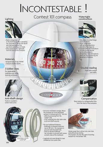 Nautos 51006 - بوصلة المسابقة 101 - حامل مائل من 10 إلى 25 درجة - بوصلة بيضاء مع بطاقة بيضاء - PLASTIMO 64424 in Kuwait