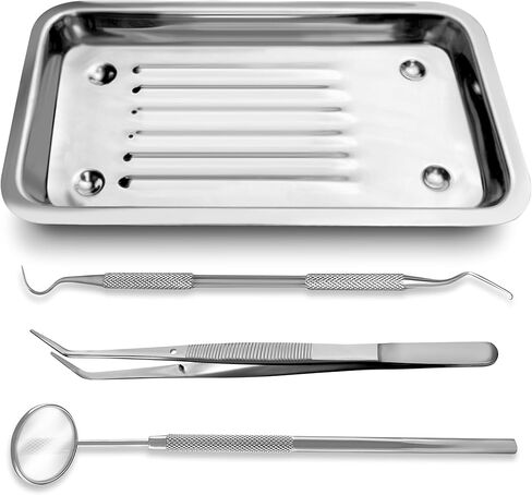 Adults Basic Economy Professional Dental Hygiene Kit With Tray Plaque Remover Set, Stainless Steel Tools, Tarter Scraper, Tooth Pick, Dental Scaler and Mouth Mirror Plier + Tray Instruments Home (15) in Saudi Arabia