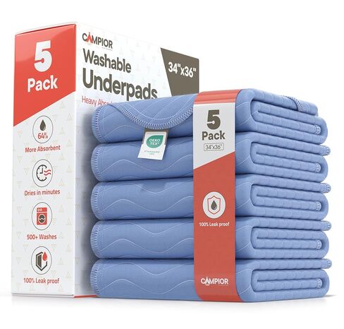 Washable Underpads Large 34"x36" (Pack of 5) – Reusable Waterproof Bed Pads for Adults & Seniors, Extra Heavy Absorbency Incontinence & Bedwetting Pads, Soft Non-Slip TPU Backing, Blue. in Saudi Arabia