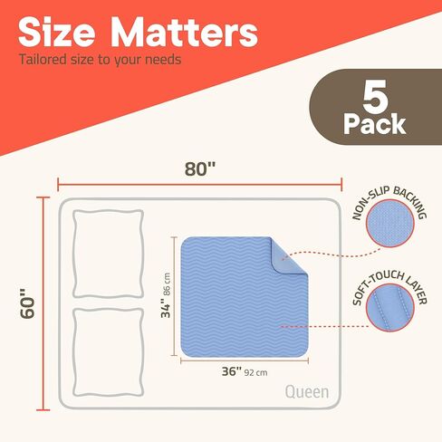 Washable Underpads Large 34"x36" (Pack of 5) – Reusable Waterproof Bed Pads for Adults & Seniors, Extra Heavy Absorbency Incontinence & Bedwetting Pads, Soft Non-Slip TPU Backing, Blue. in Saudi Arabia