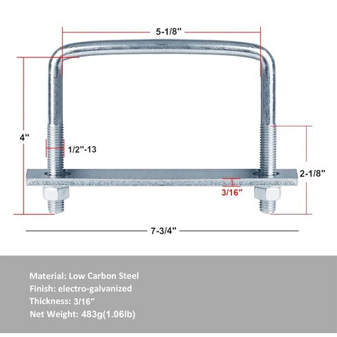 4 Pcs 5 inch Wide Square U-Bolts, 1/2" x 5-1/8" x 4", Electro-Galvanized Steel in Saudi Arabia