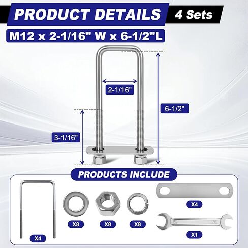 4 مجموعات M12 مربعة على شكل حرف U بعرض 2 بوصة، 1/2 بوصة × 2-1/16 بوصة عرض × 6-1/2 بوصة طول 304 مسمار على شكل حرف U من الفولاذ المقاوم للصدأ شديد التحمل لمقطورة القارب مع صواميل ولوحة مسمار وغسالات (4، M12 × 2-1/16 بوصة عرض × 6-1/2 بوصة طول) in Kuwait