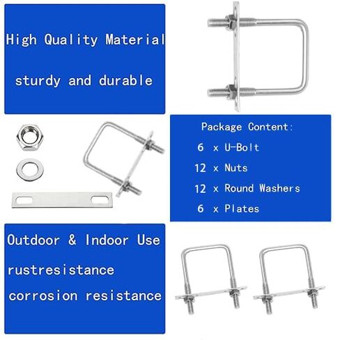 6Pack Square U-Bolts 2-1/2" Stainless Steel with Plates Nuts Flat Washers M10 Round for Car, RV, Trailer, Bumper, Boat in Kuwait