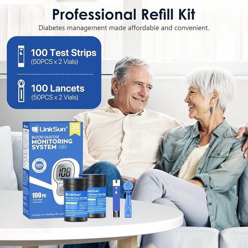 G-425-3 مجموعة أدوات مراقبة نسبة الجلوكوز في الدم، 100 شريط اختبار، 100 مشارط، 1 جهاز مراقبة نسبة السكر في الدم، 1 محلول تحكم، 1 جهاز وخز، مجموعة اختبار مرض السكري، بدون ترميز، شاشة كبيرة، جهاز قياس السكر للاستخدام المنزلي in Kuwait