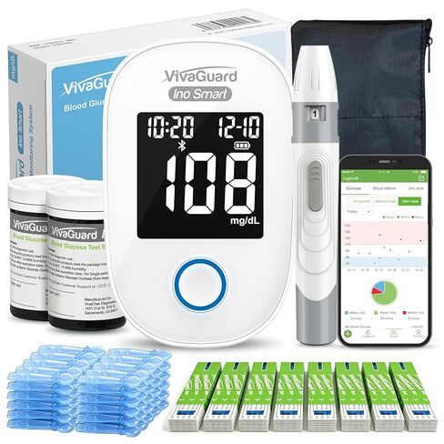 VivaGuard Ino Smart Blood Glucose Monitor Kit with Free App, Bluetooth and Rechargeable Blood Glucose Meter with 100 Strips & 100 Lancets, Travel Portable Blood Sugar Diabetes Testing Kit, No Coding in Kuwait