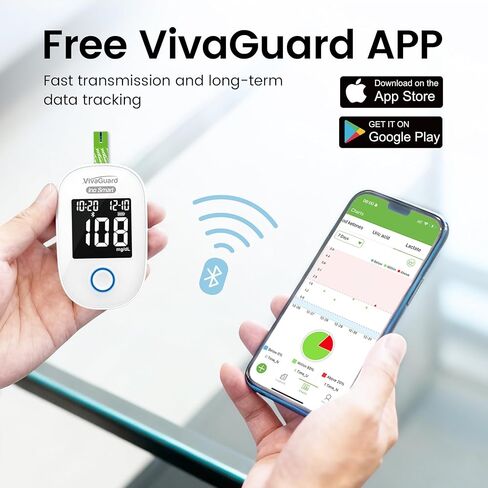 VivaGuard Ino Smart Blood Glucose Monitor Kit with Free App, Bluetooth and Rechargeable Blood Glucose Meter with 100 Strips & 100 Lancets, Travel Portable Blood Sugar Diabetes Testing Kit, No Coding in Kuwait