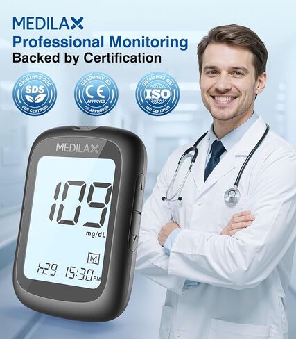 مجموعة مراقبة جلوكوز الدم من ميديلاكس، مجموعة اختبار سكر الدم مع 100 شريط اختبار، 100 مشرط، جهاز قياس السكر وجهاز الوخز، 500 ذاكرة وبدون ترميز وشاشة كبيرة لمراقبة الجلوكوز للاستخدام المنزلي in Kuwait