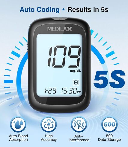 مجموعة مراقبة جلوكوز الدم من ميديلاكس، مجموعة اختبار سكر الدم مع 100 شريط اختبار، 100 مشرط، جهاز قياس السكر وجهاز الوخز، 500 ذاكرة وبدون ترميز وشاشة كبيرة لمراقبة الجلوكوز للاستخدام المنزلي in Kuwait