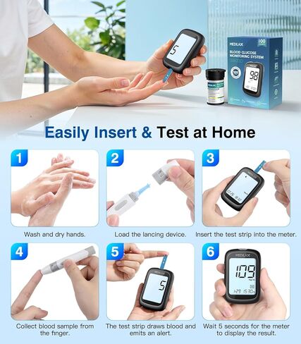 مجموعة مراقبة جلوكوز الدم من ميديلاكس، مجموعة اختبار سكر الدم مع 100 شريط اختبار، 100 مشرط، جهاز قياس السكر وجهاز الوخز، 500 ذاكرة وبدون ترميز وشاشة كبيرة لمراقبة الجلوكوز للاستخدام المنزلي in Kuwait