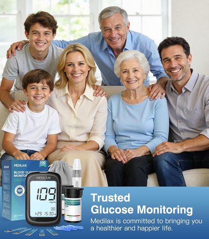 مجموعة مراقبة جلوكوز الدم من ميديلاكس، مجموعة اختبار سكر الدم مع 100 شريط اختبار، 100 مشرط، جهاز قياس السكر وجهاز الوخز، 500 ذاكرة وبدون ترميز وشاشة كبيرة لمراقبة الجلوكوز للاستخدام المنزلي in Kuwait