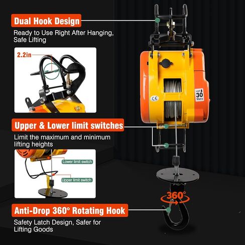 1100lbs Electric Hoist Winch,1500W Portable Power Winch CraneHoist Lift,98ft Lifting Height,2-in-1 Wire Remote Control/Wireless Remote Control, 36ft/min,for Warehouss, Garage, Factory in Saudi Arabia