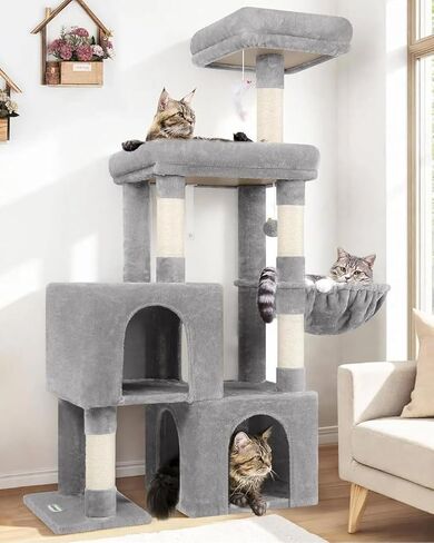 Cat Tower for Indoor Cats, 52in Multi-Level Cat Tower with 5 Sisal Scratching Posts, Cat Tree House with 2 Padded Perches, 2 Cozy Condos, Big Hanging Basket, Hanging Toys, S52, Light Gray in Kuwait