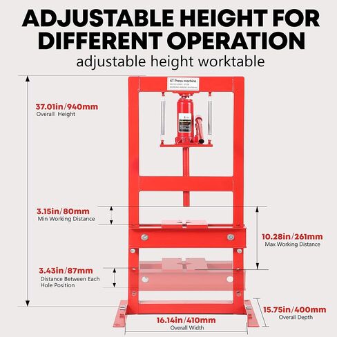 6 Ton Hydraulic H-Frame Shop Press with Adjustable Table & Stamping Plates for Auto Repair, Garage Use, Metalworking, Red in Saudi Arabia