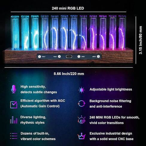 شاشة عرض طيف موسيقى 12-LED مع 240 خرزة RGB - محلل طيف عالي الحساسية، لون وسطوع قابل للتعديل للصوت المنزلي in Saudi Arabia