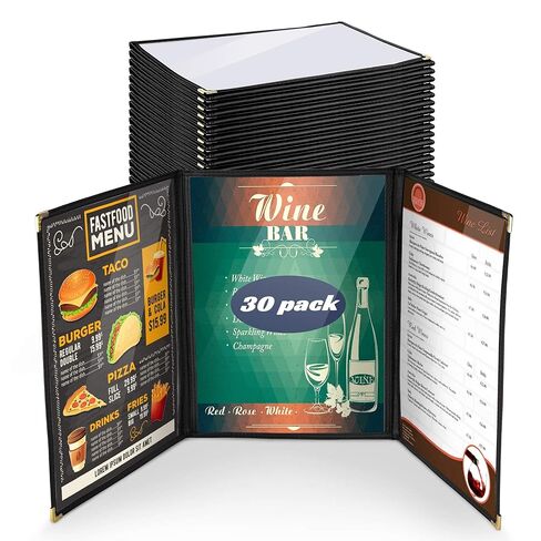WeChef 30 حزمة أغطية قائمة المطاعم 8.5 × 11 ثلاثية الطي 3 صفحات 6 مشاهدات شفافة لقائمة المطاعم حامل أسود in Saudi Arabia