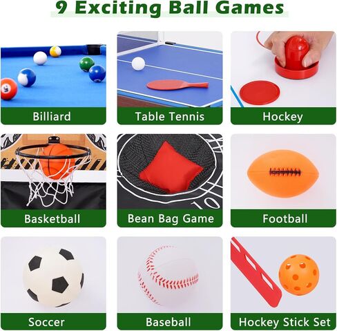 9 in 1 Multi Game Table, 48" Combo Game Table, Arcade Combination Game Table Set w/Billiards, Ping Pong, Hockey, Basketball, Bean Bag and Foosball for Home,Game Room in Kuwait