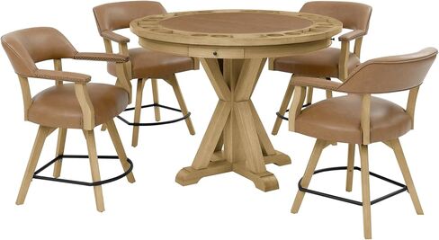 Steve Silver Furniture Rylie 6-Piece Round Counter Game Table Set, 48" Round Table Top w/ 4 Vegan Leather Counter Chairs, Folding Game Top, Felt Lined Storage Drawers, 48" L x 48" W x 36" H, Brown in Saudi Arabia
