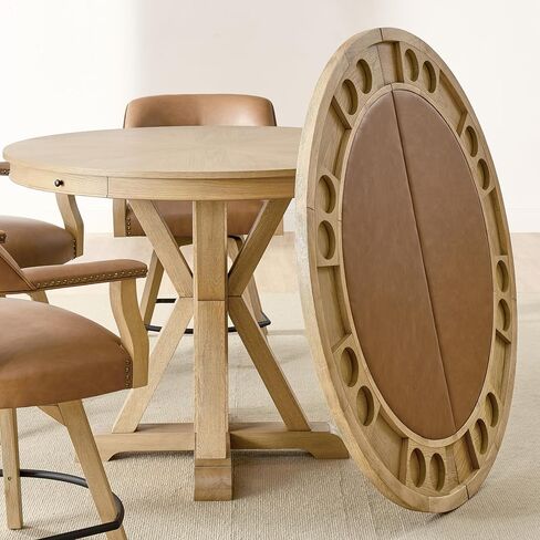 Steve Silver Furniture Rylie 6-Piece Round Counter Game Table Set, 48" Round Table Top w/ 4 Vegan Leather Counter Chairs, Folding Game Top, Felt Lined Storage Drawers, 48" L x 48" W x 36" H, Brown in Saudi Arabia