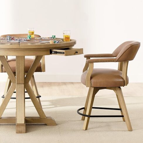 Steve Silver Furniture Rylie 6-Piece Round Counter Game Table Set, 48" Round Table Top w/ 4 Vegan Leather Counter Chairs, Folding Game Top, Felt Lined Storage Drawers, 48" L x 48" W x 36" H, Brown in Saudi Arabia
