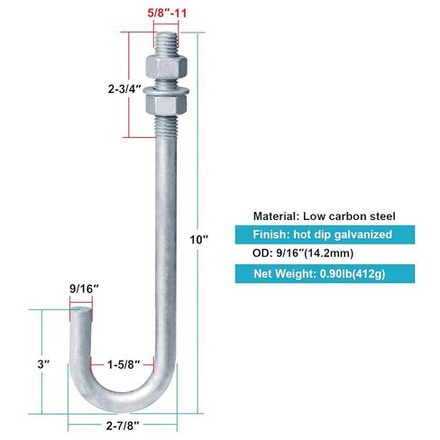 4 Pack 5/8"-11 x 9-7/8" J Bolt Anchor for Concrete Post Deck Fence, Hot Dipped Galvanized Steel in Saudi Arabia