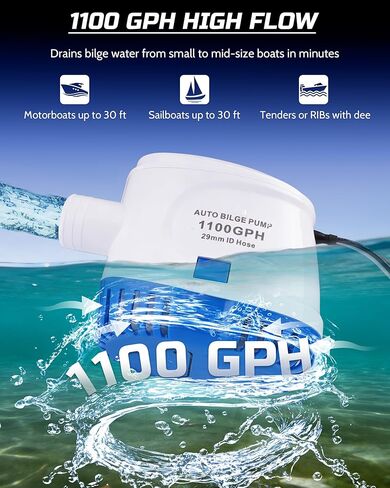 12V Automatic Boat Bilge Pump Kit, 1100GPH Electric Marine Pump with Built-In Float Switch, Hose & Thru-Hull Fitting, Submersible Bilge Removal Pump for Fishing Boats, Runabouts & Yachts in Kuwait