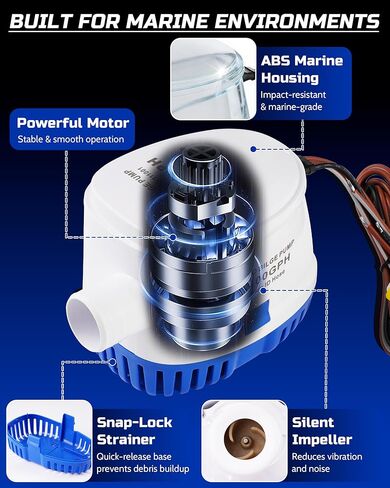 12V Automatic Boat Bilge Pump Kit, 1100GPH Electric Marine Pump with Built-In Float Switch, Hose & Thru-Hull Fitting, Submersible Bilge Removal Pump for Fishing Boats, Runabouts & Yachts in Kuwait