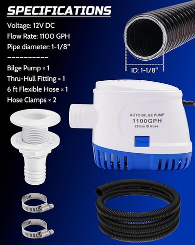 12V Automatic Boat Bilge Pump Kit, 1100GPH Electric Marine Pump with Built-In Float Switch, Hose & Thru-Hull Fitting, Submersible Bilge Removal Pump for Fishing Boats, Runabouts & Yachts in Kuwait