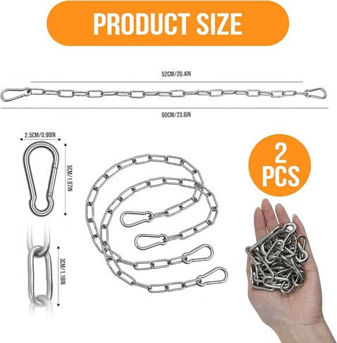 2-Pack Heavy Duty Stainless Steel Chain, 20 Inch Stainless Steel Swing Chain with 2 Carabiners, Security Chain Suitable for Boxing Punching Bag, Porch Swing Hammock Chair Hanging in Kuwait