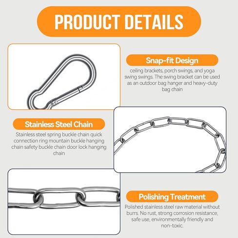2-Pack Heavy Duty Stainless Steel Chain, 20 Inch Stainless Steel Swing Chain with 2 Carabiners, Security Chain Suitable for Boxing Punching Bag, Porch Swing Hammock Chair Hanging in Kuwait