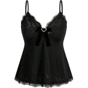 SHENHE Women's Coquette Bow Babydoll Top Lace Trim Heart Eyelet Cute Camisole Tank Top in Kuwait