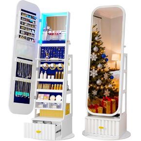 LVSOMT LED LED MIRROR JOWNDERS CABINET ، 360 ° دوار المجوهرات مع مرآة الطول الكامل ، مرآة مع تخزين المجوهرات ودرج خشبي كبير لهدايا عيد الميلاد (أبيض مزرعة) in Kuwait